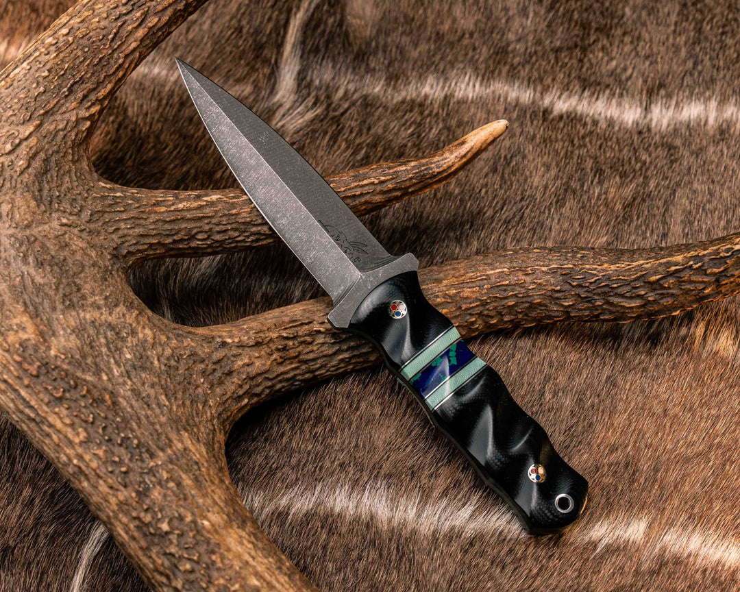 Combat Dagger- Black G10, Aluminum Pin Striping, Tiffany Blue G10 and Azurite Tru-stone Split, Patriot Mosaic Pins, Aluminum Lanyard Pin, Textured Grip