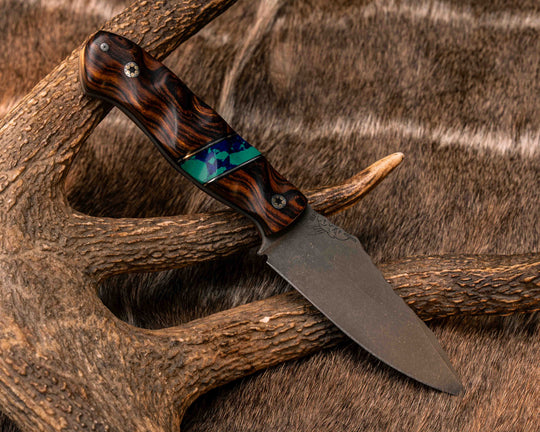 Field Knife- Desert Ironwood, Black G10 and Aluminum Pin Striping, Azurite Tru-stone Split, Mosaic Pins, Textured Grip