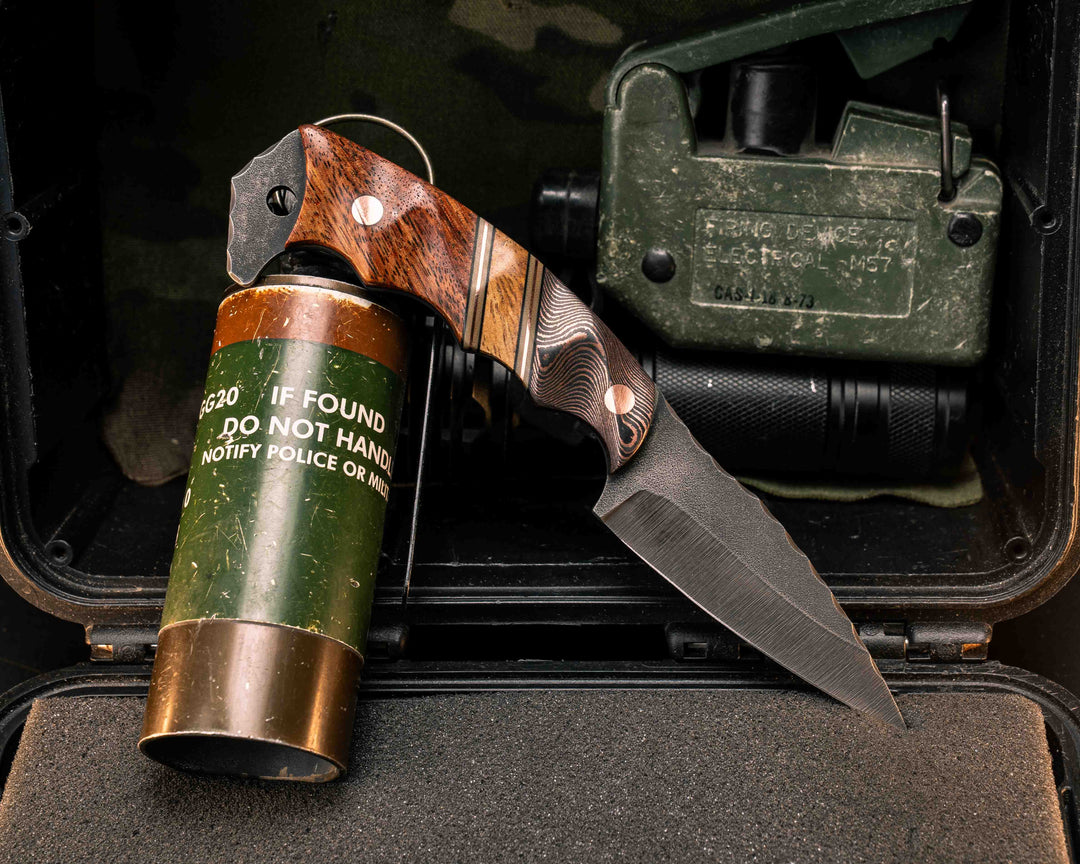 3" HUMINT- Copper Camo Carbon, Black G10, Desert Tan G10 and Copper Pin Striping, Hawaiian Curly Koa Split, Mahogany, Copper Pins, Textured Grip