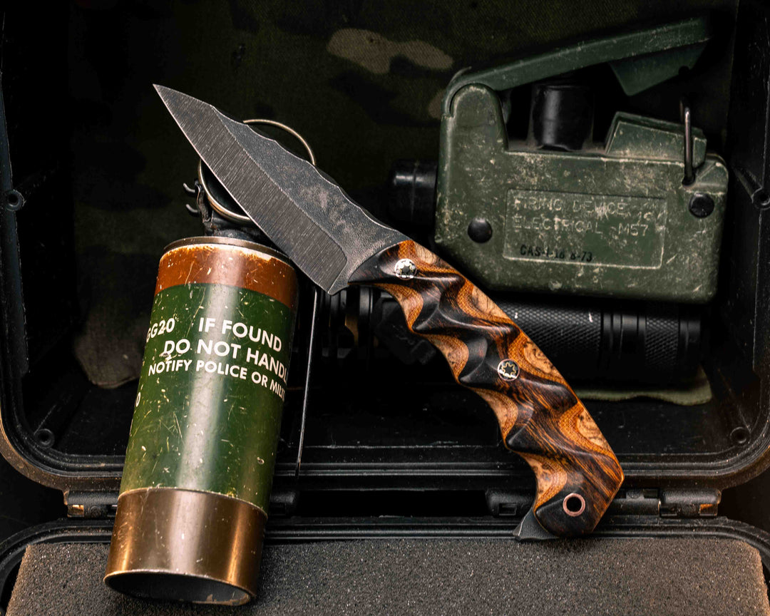 3" HUMINT- Desert Ironwood Over Natural Canvas Micarta Over Black Ash Burl, Mosaic Pins, Copper Lanyard Pin, Textured Grip