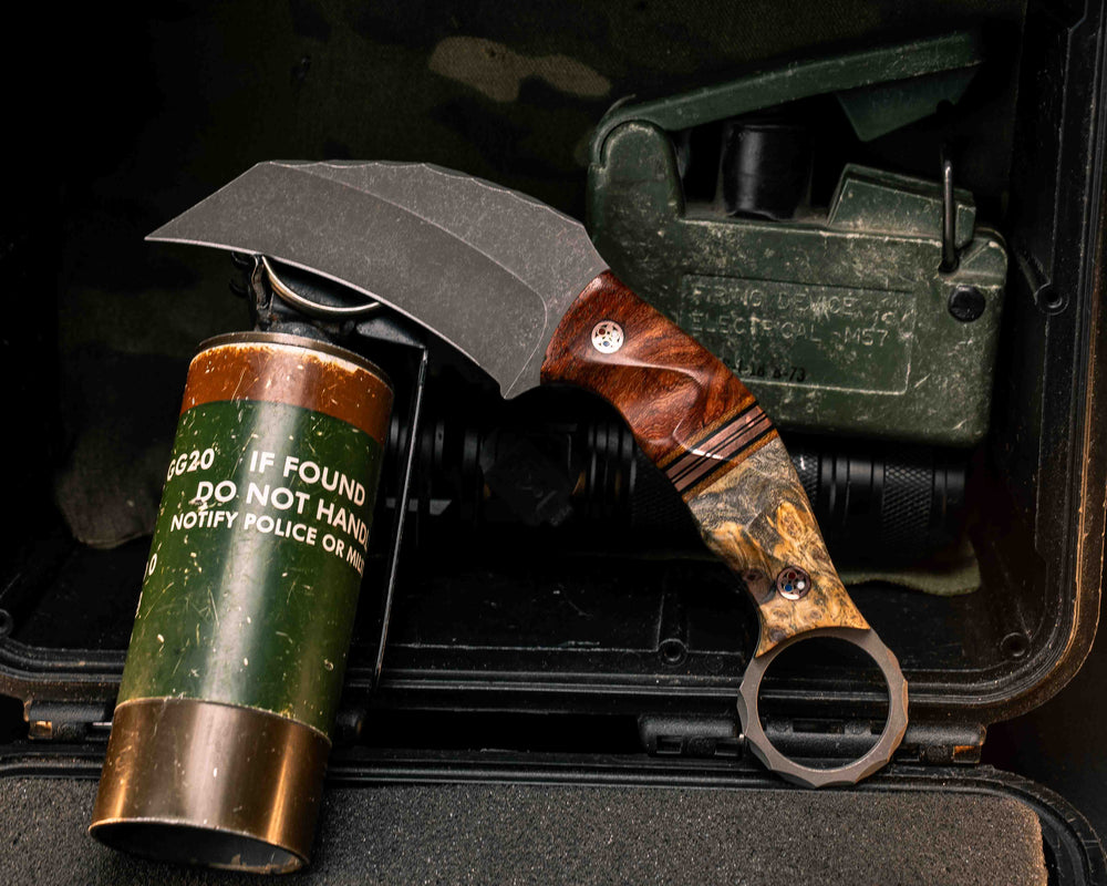 Karambito- Afzellia Burl, Natural Canvas Micarta, Black G10 and Copper Split, Buckeye Burl, Copper Patriot Mosaic Pins, Textured Grip