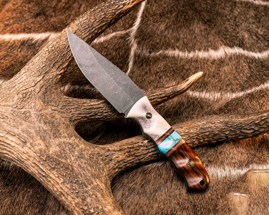 Disaster Crow Jr- Elk antler, Black G10, Coyote G10, Brass and Cherry G10 Pin Striping, Turquoise with Gold Web Tru-stone Split, Desert Ironwood, Mosaic Pins, Brass Lanyard Pin, Textured Grip