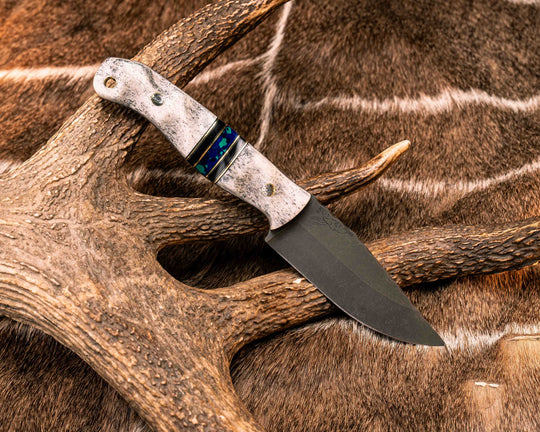 Crow Jr- Elk Antler, Black G10 and Brass Pin Striping, Azurite Tru-stone Split, Mosaic Pins, Brass Lanyard Pin, Textured Grip