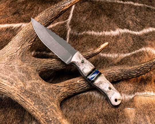 Crow Jr- Elk Antler, Black G10 and Brass Pin Striping, Azurite Tru-stone Split, Mosaic Pins, Brass Lanyard Pin, Textured Grip