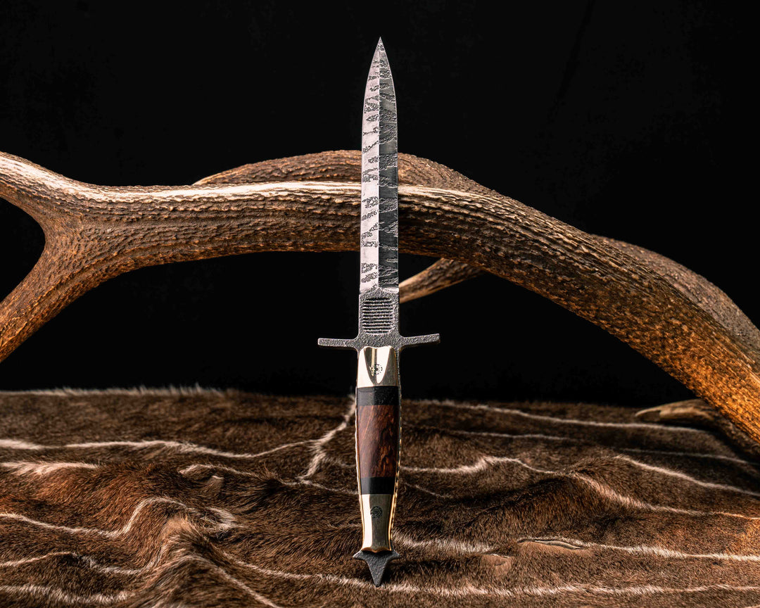 V-42 Dagger- Bronze Bolster, African Blackwood and Desert Ironwood Split, Mosaic Pins, Deep Acid Splash, Smooth Grip