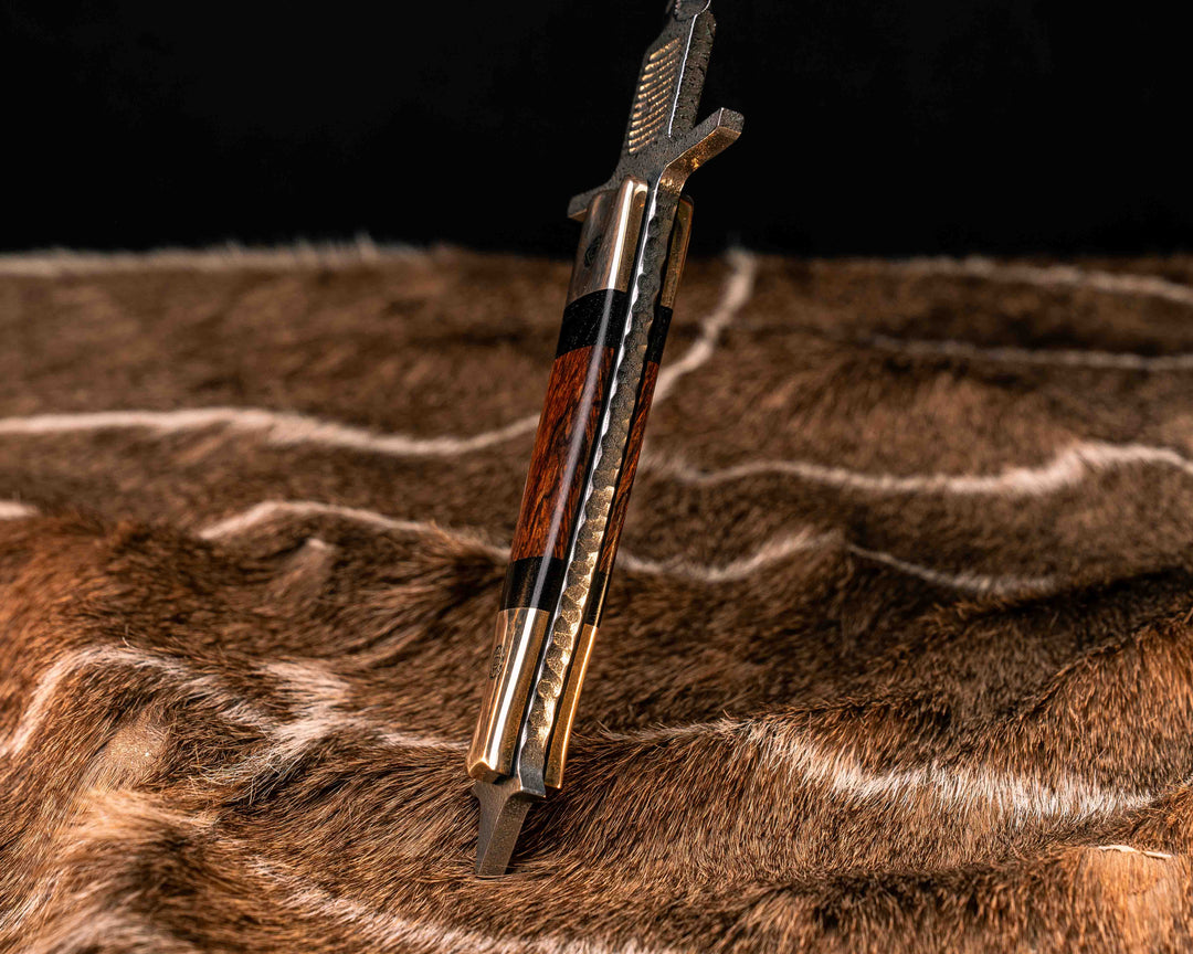 V-42 Dagger- Bronze Bolster, African Blackwood and Desert Ironwood Split, Mosaic Pins, Deep Acid Splash, Smooth Grip