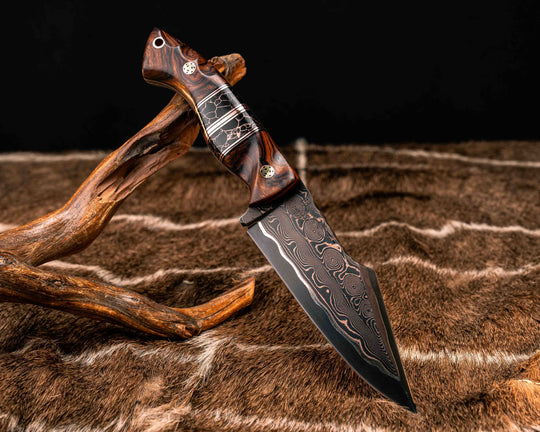 Widow Maker- Baker Forge CopperMai Raindrop (Ni Shim)- Desert Ironwood, Black G10 and Copper Pin Striping, Black with Copper Web Tru-stone Split, Mosaic Pins, Copper Lanyard Pin, Textured Grip