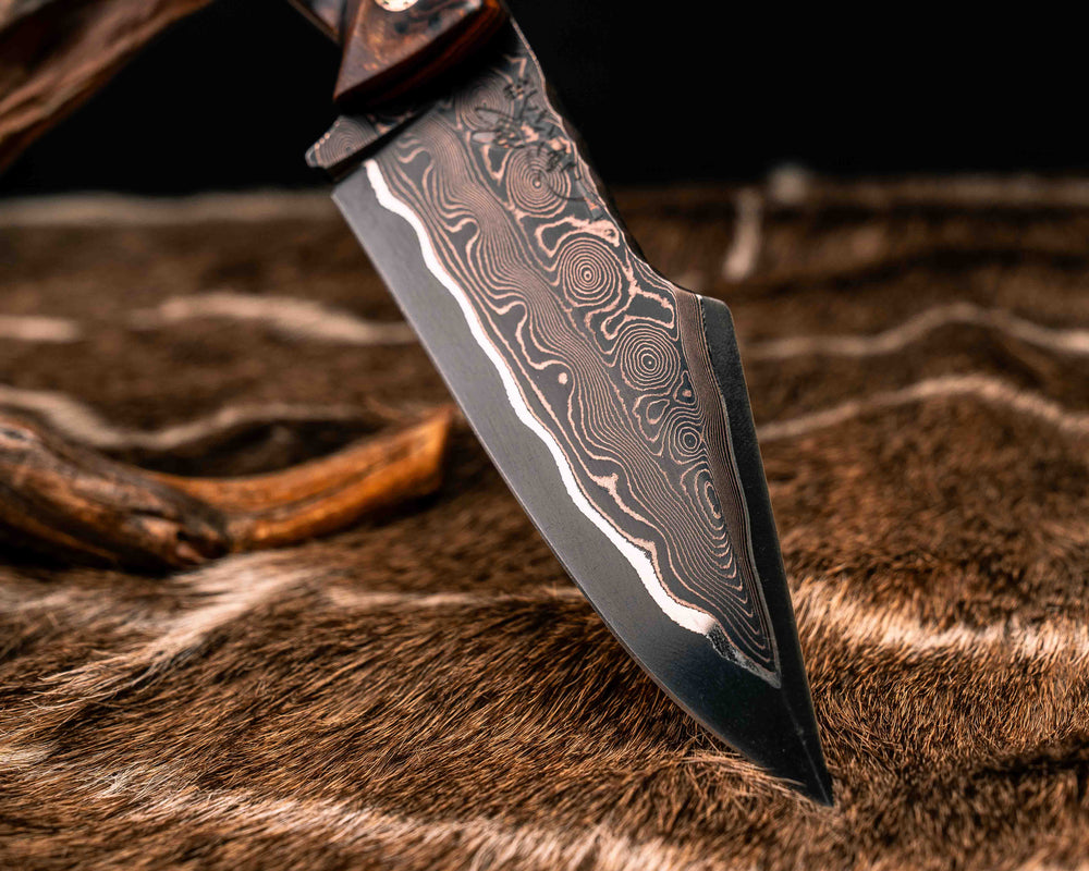 Widow Maker- Baker Forge CopperMai Raindrop (Ni Shim)- Desert Ironwood, Black G10 and Copper Pin Striping, Black with Copper Web Tru-stone Split, Mosaic Pins, Copper Lanyard Pin, Textured Grip