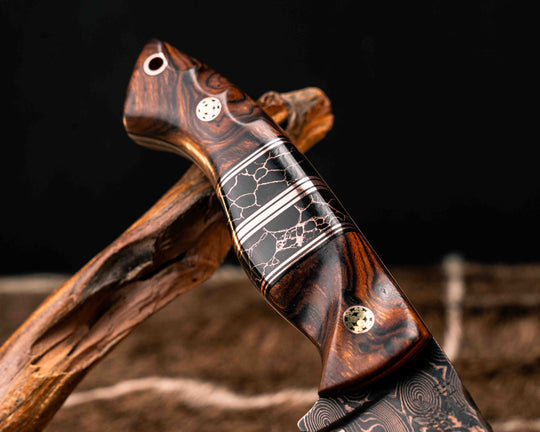 Widow Maker- Baker Forge CopperMai Raindrop (Ni Shim)- Desert Ironwood, Black G10 and Copper Pin Striping, Black with Copper Web Tru-stone Split, Mosaic Pins, Copper Lanyard Pin, Textured Grip