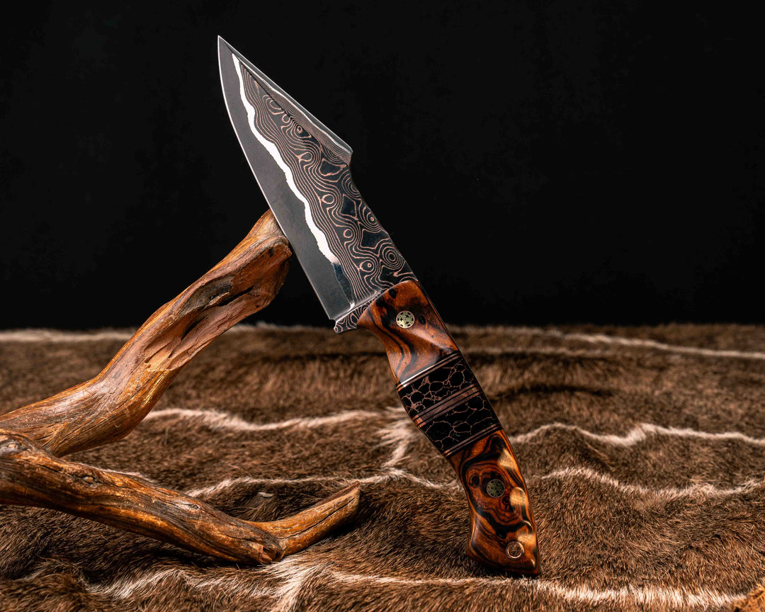 Widow Maker- Baker Forge CopperMai Raindrop (Ni Shim)- Desert Ironwood, Black G10 and Copper Pin Striping, Black with Copper Web Tru-stone Split, Mosaic Pins, Copper Lanyard Pin, Textured Grip