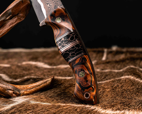 Widow Maker- Baker Forge CopperMai Raindrop (Ni Shim)- Desert Ironwood, Black G10 and Copper Pin Striping, Black with Copper Web Tru-stone Split, Mosaic Pins, Copper Lanyard Pin, Textured Grip