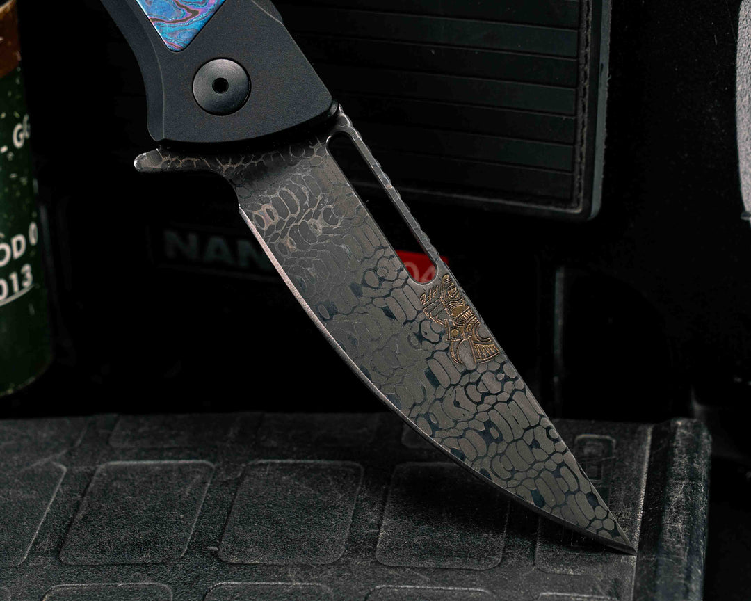 Custom Kwaiken Folder- Vegas Forge Honeycomb Damascus- White Lava Lamp Timascus Inlay- Anodized Black Handle, Smooth Grip, Deep Carry Pocket Clip