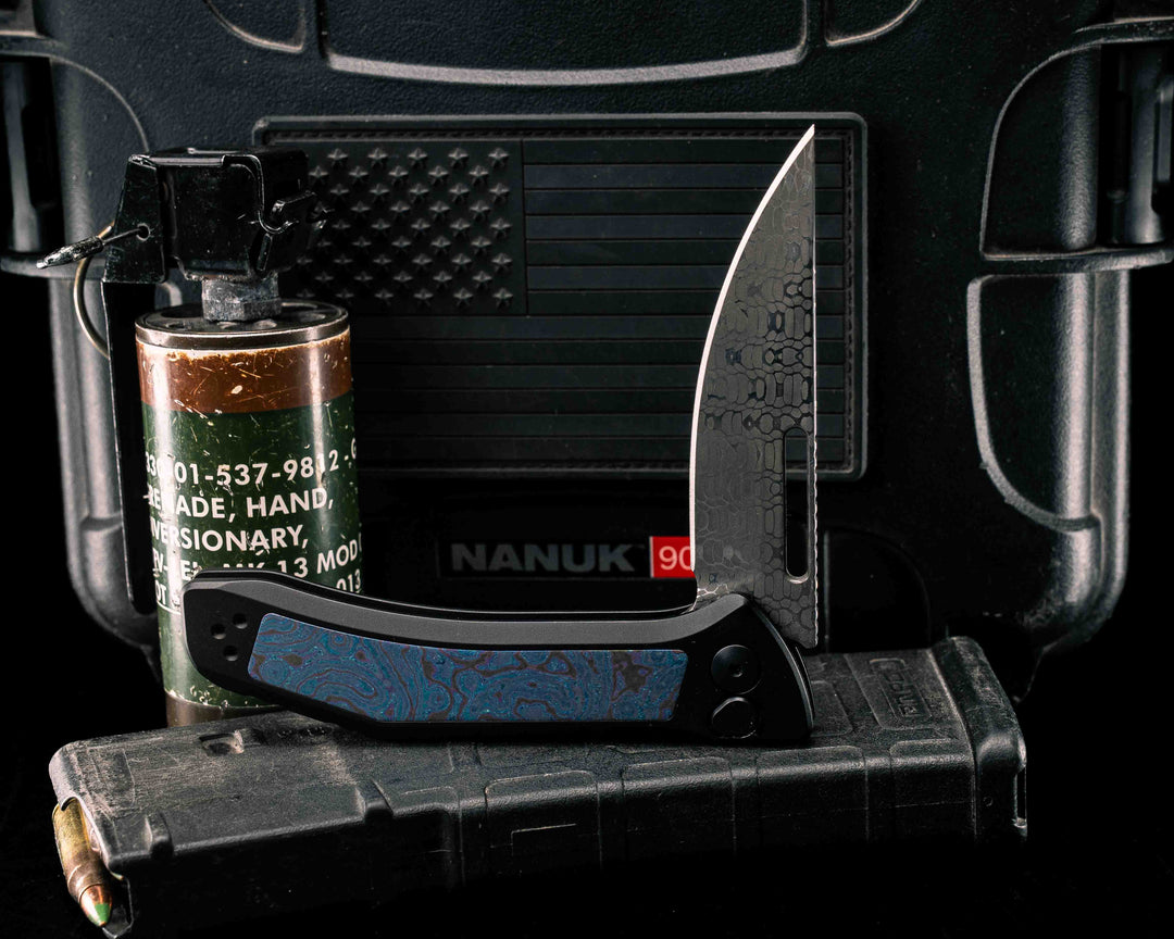 Custom Kwaiken Folder- Vegas Forge Honeycomb Damascus- White Lava Lamp Timascus Inlay- Anodized Black Handle, Smooth Grip, Deep Carry Pocket Clip