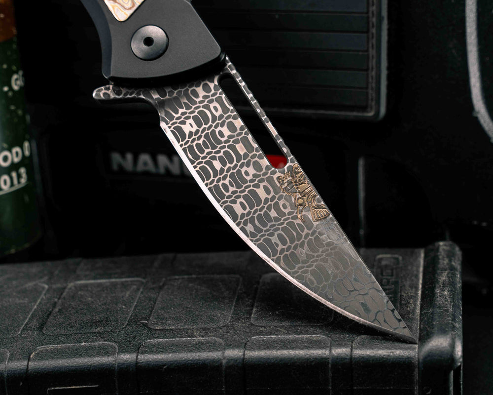 Custom Kwaiken Folder- Vegas Forge Reptilian Damascus- Vegas Forge Random Pattern Mokume Inlay, Anodized Black Handle, Smooth Grip, Deep Carry Pocket Clip
