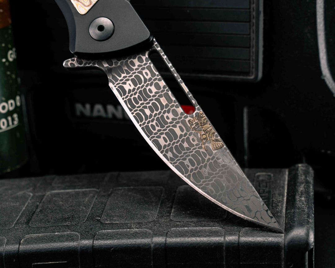 Custom Kwaiken Folder- Vegas Forge Reptilian Damascus- Vegas Forge Random Pattern Mokume Inlay, Anodized Black Handle, Smooth Grip, Deep Carry Pocket Clip