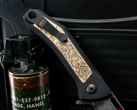 Custom Kwaiken Folder- Vegas Forge Reptilian Damascus- Vegas Forge Random Pattern Mokume Inlay, Anodized Black Handle, Smooth Grip, Deep Carry Pocket Clip