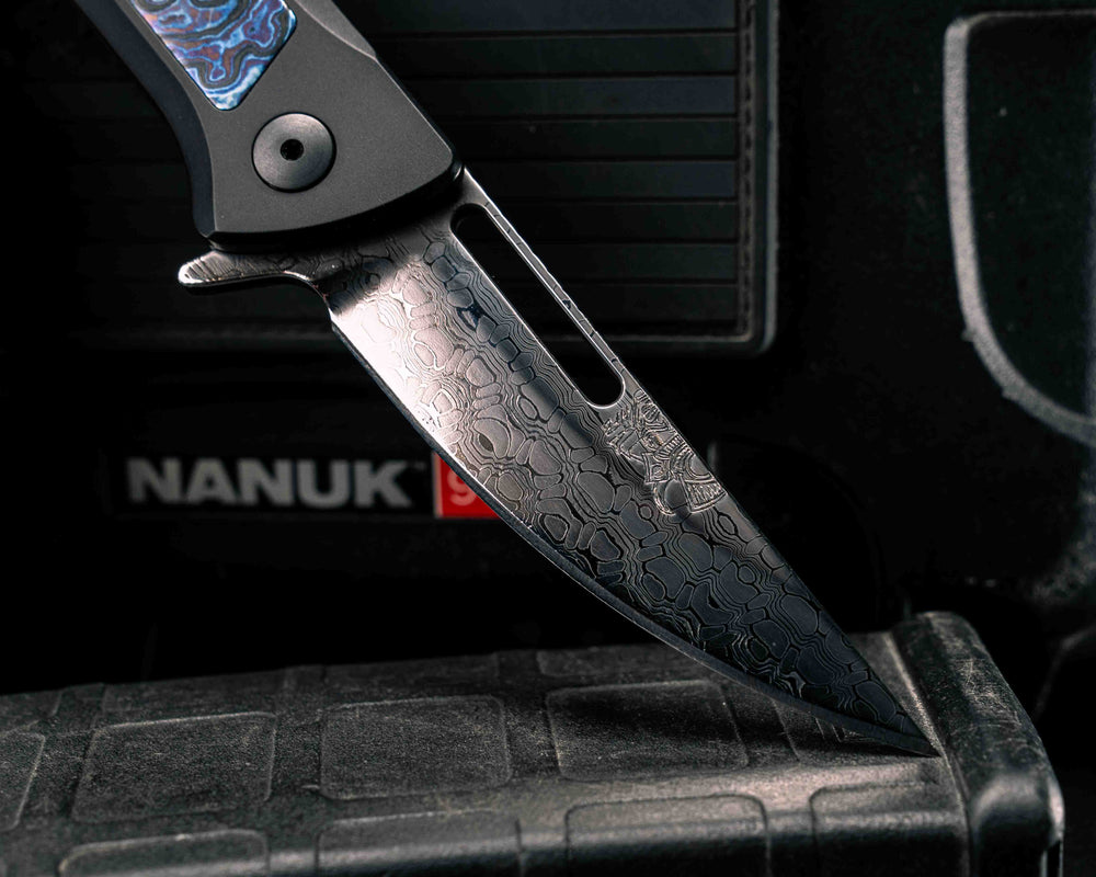 Custom Kwaiken Folder- Vegas Forge Reptilian Damascus- White Lava Lamp Timascus Inlay- Anodized Black Handle, Smooth Grip, Deep Carry Pocket Clip
