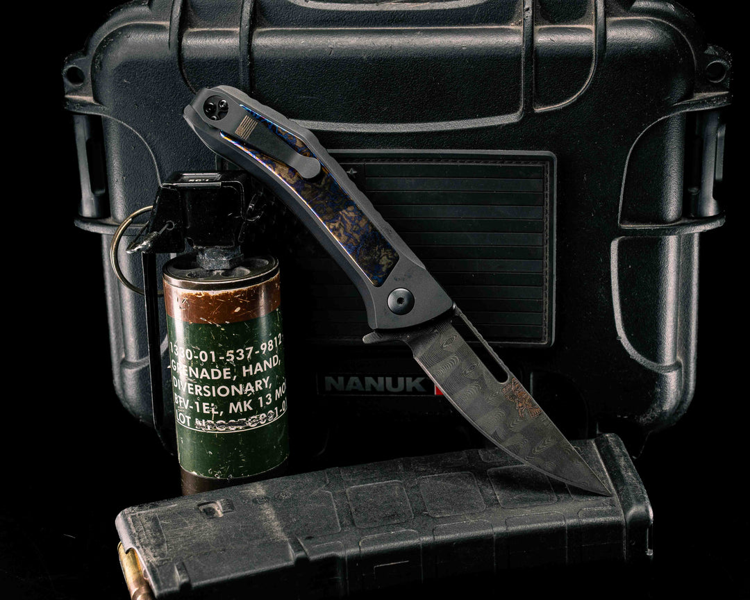 Custom Kwaiken Folder- Vegas Forge Basketweave Damascus- White Moire Timascus Inlay- Anodized Black Handle, Smooth Grip, Deep Carry Pocket Clip