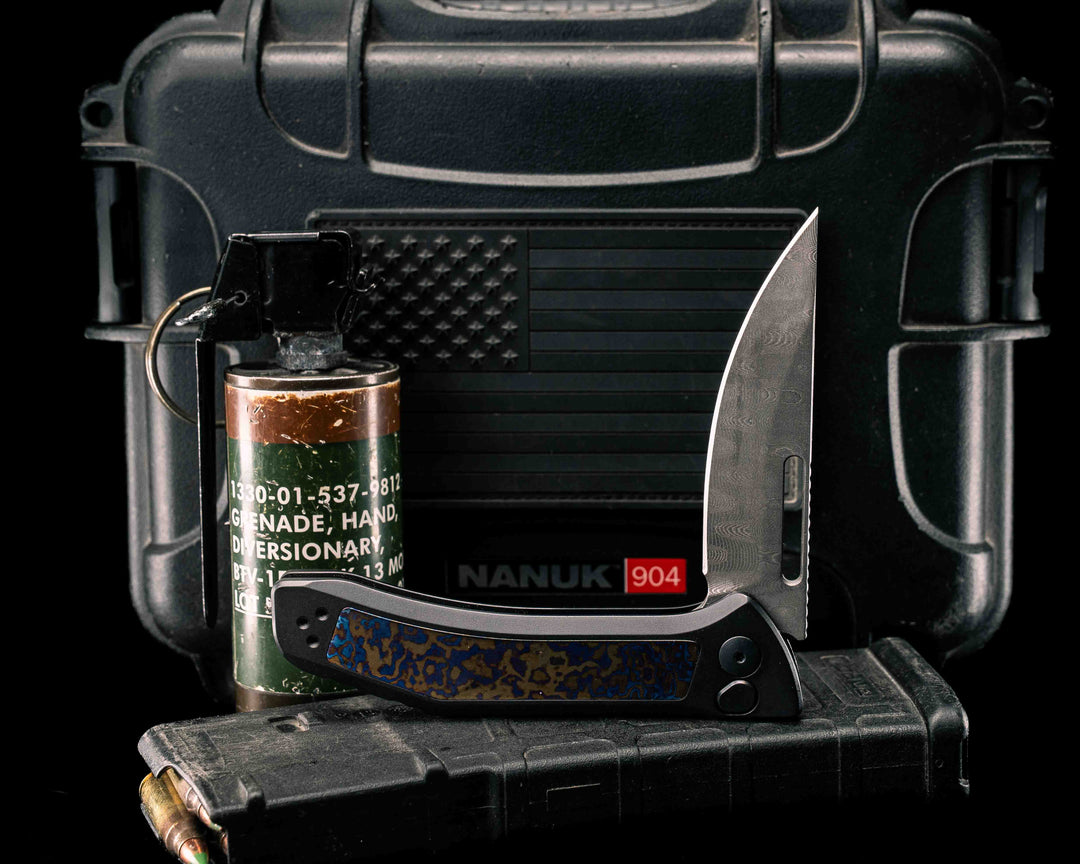 Custom Kwaiken Folder- Vegas Forge Basketweave Damascus- White Moire Timascus Inlay- Anodized Black Handle, Smooth Grip, Deep Carry Pocket Clip