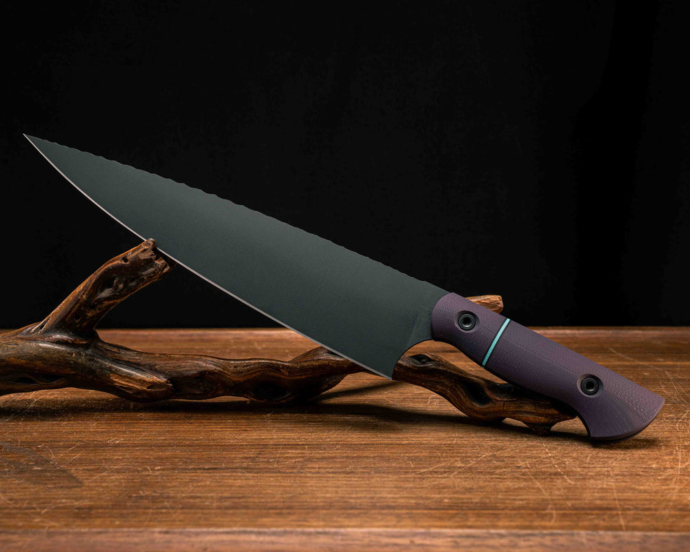 Chef Blade 10"- Purple G10, Black and Tiffany Blue G10 Split, Armor Black Cerakote, Allen Bolts, Smooth Grip