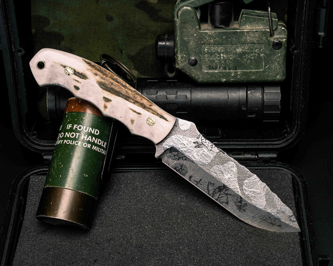 Disaster Breacher- Elk Antler, Brass Mosaic Pins, Brass Lanyard Pin, Textured Grip