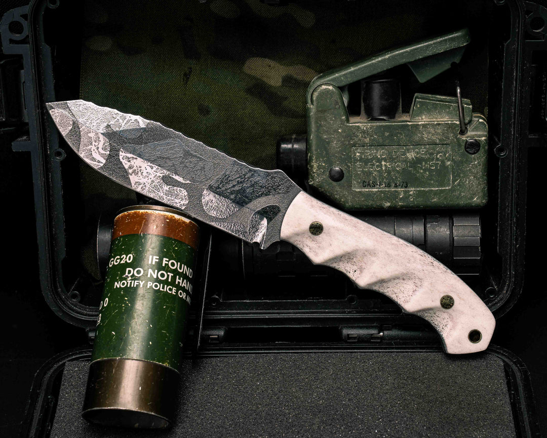 Disaster Breacher- Elk Antler, Brass Mosaic Pins, Brass Lanyard Pin, Textured Grip