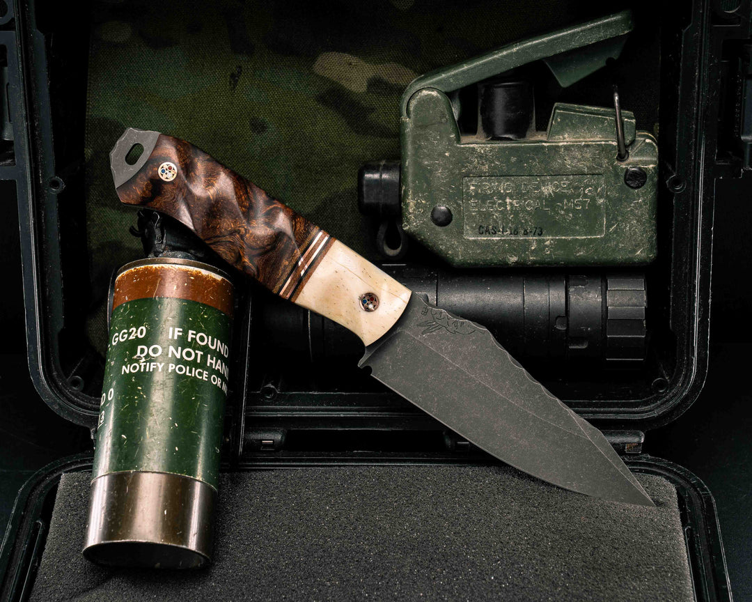 Field Knife- Giraffe Bone, Natural Canvas Micarta, Black G10 and Copper Split, Desert Ironwood, Copper Patriot Pins, Textured Grip