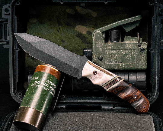 Disaster Breacher- Elk Antler, Desert Tan G10 and Copper Split, Hawaiian Curly Koa, Copper Patriot Mosaic Pins, 1/8" Copper Patriot Mosaic Pin, Textured Grip
