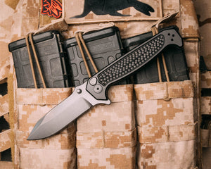 Disaster Folder, Anodized black handle, black nitride frame, dimpled Grip, deep carry pocket clip