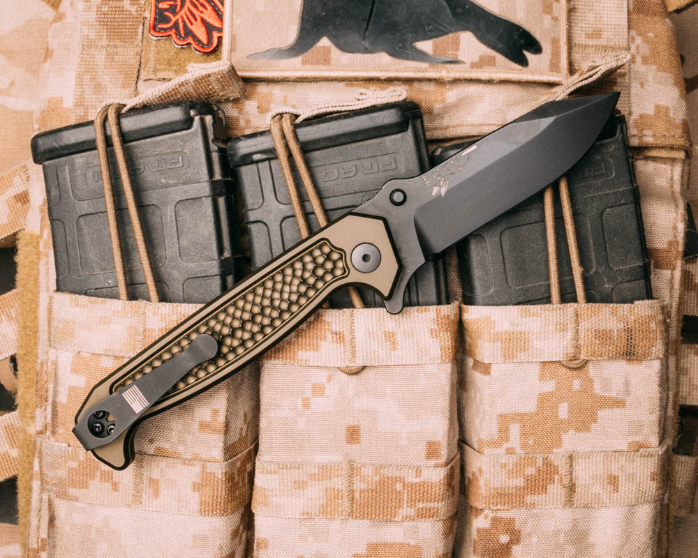 Disaster Folder, Anodized OD green handle, nitride black blade, dimpled Grip, deep carry pocket clip