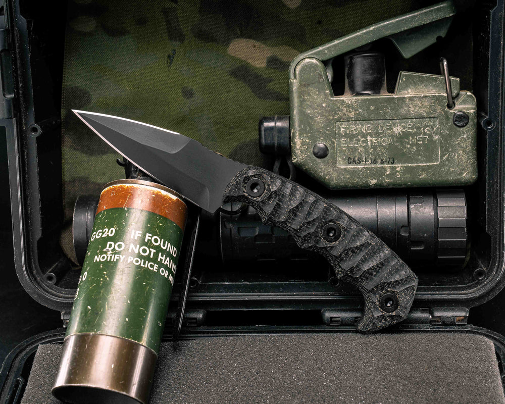 3" HUMINT- Black Burlap Micarta, Armor Black Cerakote, Allen Bolts, Textured Grip