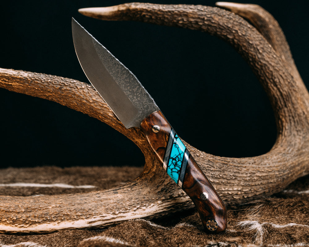 Crow Jr- Desert Ironwood, Black G10 Pin Striping, Aluminum and Turquoise with Black Web Tru-stone Split, Mosaic Pins, Mosaic Lanyard Pin, Contoured Grip