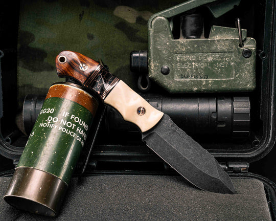 Disaster Cub- Giraffe Bone, Black G10 and Copper Pin Striping, Black with Copper Web Tru-stone Split, Desert Ironwood, Copper Patriot Mosaic Pins, Copper Lanyard Pin, Textured Grip