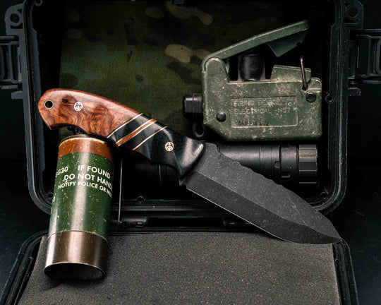 Disaster Breacher- Black Burlap Micarta, Black G10 and Copper Pin Striping, Black Burlap Micarta and Natural Canvas Micarta Split, Afzelia Burl, Copper Patriot Mosaic Pins, Copper Lanyard Pin, Textured Grip