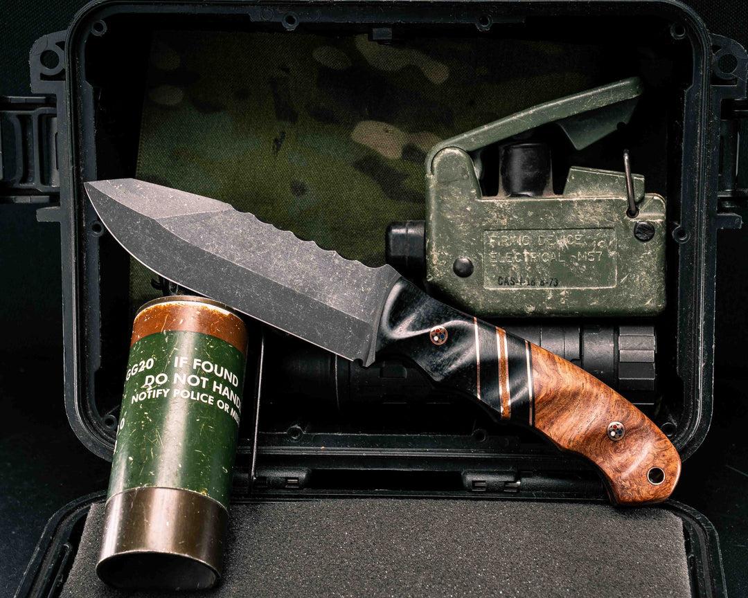 Disaster Breacher- Black Burlap Micarta, Black G10 and Copper Pin Striping, Black Burlap Micarta and Natural Canvas Micarta Split, Afzelia Burl, Copper Patriot Mosaic Pins, Copper Lanyard Pin, Textured Grip