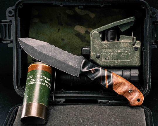 Disaster Breacher- Black Burlap Micarta, Black G10 and Copper Pin Striping, Black Burlap Micarta and Natural Canvas Micarta Split, Afzelia Burl, Copper Patriot Mosaic Pins, Copper Lanyard Pin, Textured Grip
