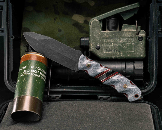 Disaster Jr- Layered Shred Carbon and Red Resin, Black G10, Copper, Cherry G10 and Black Burlap Micarta Split, Mosaic Pins, Copper Lanyard Pin, Textured Grip