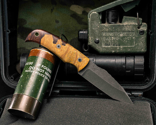 Modified Ishi Tanto- Desert Ironwood, Mosaic Pins, Brass Lanyard Pin, Textured Grip