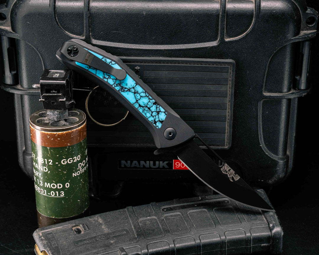 Custom Kwaiken Folder- Turquoise w/ Black Web Tru Stone, Anodized Black Handle, Black Nitride Blade, Smooth Grip, Deep Carry Pocket Clip