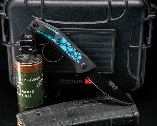 Custom Kwaiken Folder- Turquoise w/ Black Web Tru Stone, Anodized Black Handle, Black Nitride Blade, Smooth Grip, Deep Carry Pocket Clip