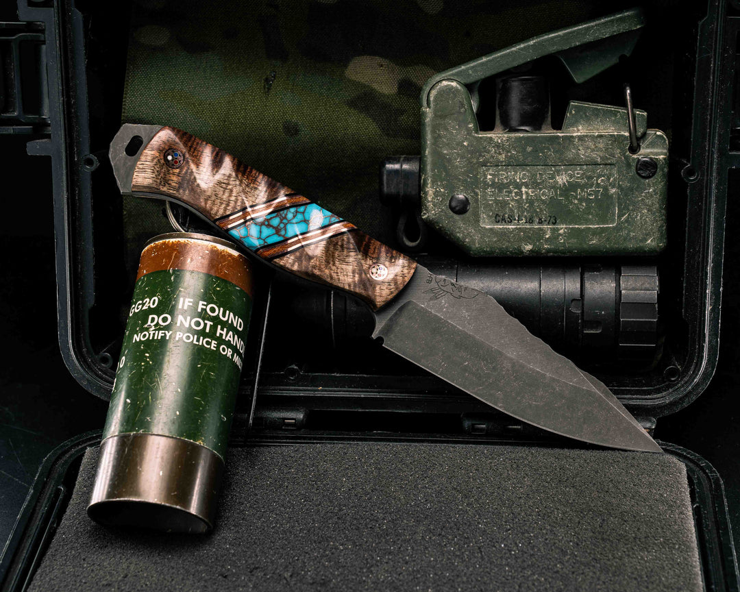 Field Knife- Hawaiian Curly Koa, Black G10, Copper, Natural Canvas Micarta, Turquoise with Copper Web Tru-stone Split, Copper Patriot Mosaic Pins, Textured Grip