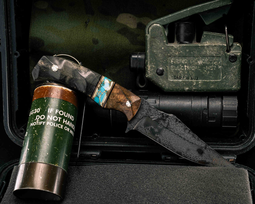 Tosahwi- Teak, Black G10, Coyote G10 and Brass Pin Striping, Turquoise with Gold Web Tru-stone Split, Buckeye Burl, Mosaic Pins, Textured Grip