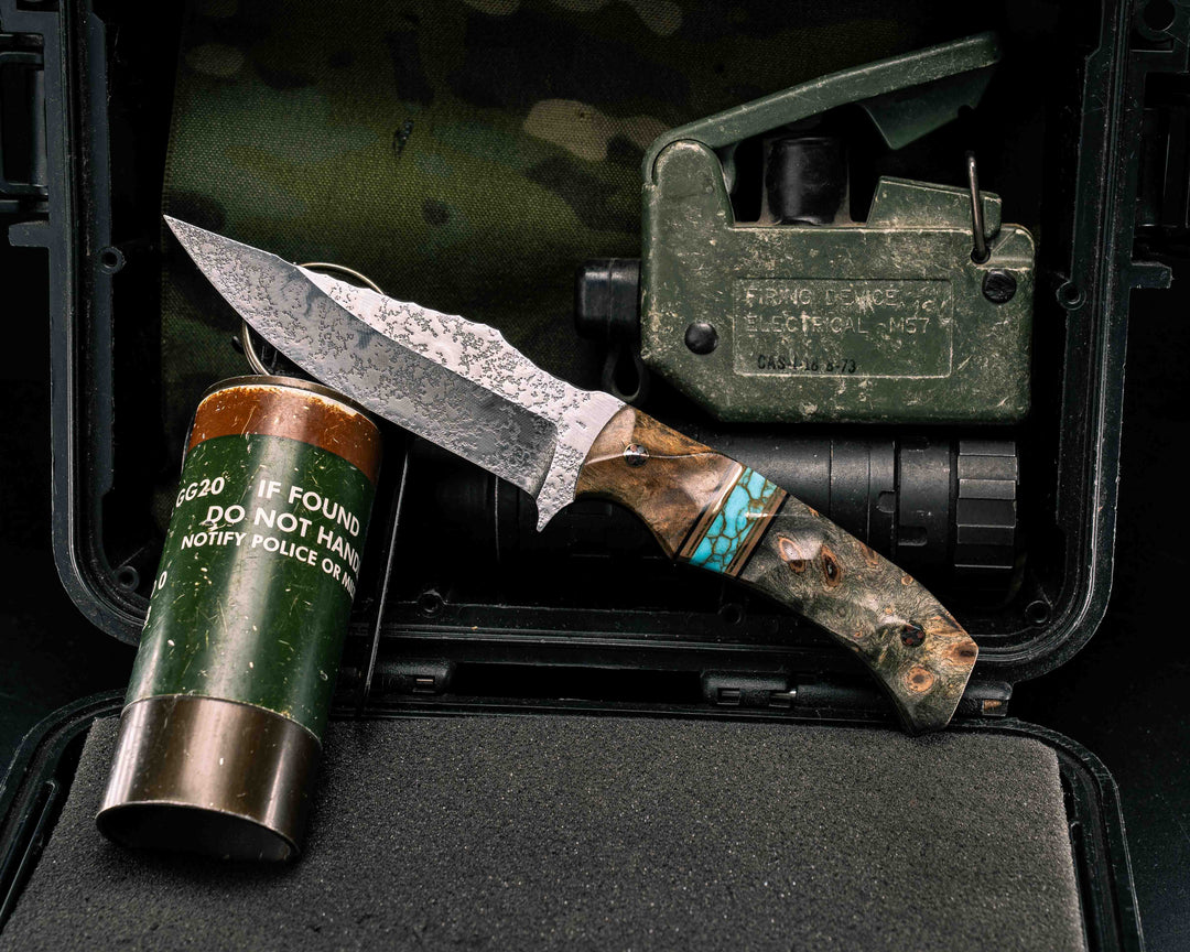 Tosahwi- Teak, Black G10, Coyote G10 and Brass Pin Striping, Turquoise with Gold Web Tru-stone Split, Buckeye Burl, Mosaic Pins, Textured Grip