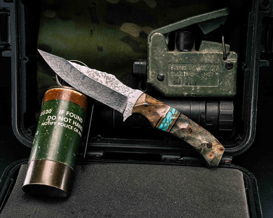 Tosahwi- Teak, Black G10, Coyote G10 and Brass Pin Striping, Turquoise with Gold Web Tru-stone Split, Buckeye Burl, Mosaic Pins, Textured Grip
