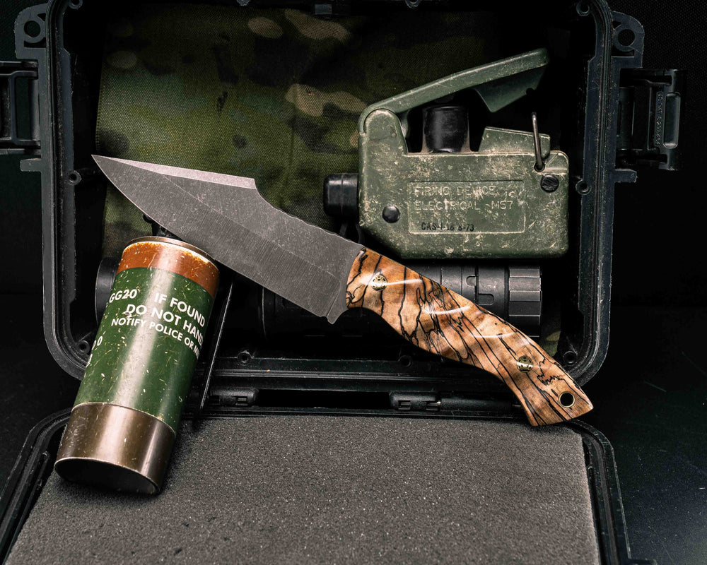 Widow Maker- Spalted Maple, Brass Mosaic Pins, Brass Lanyard Pin, Textured Grip