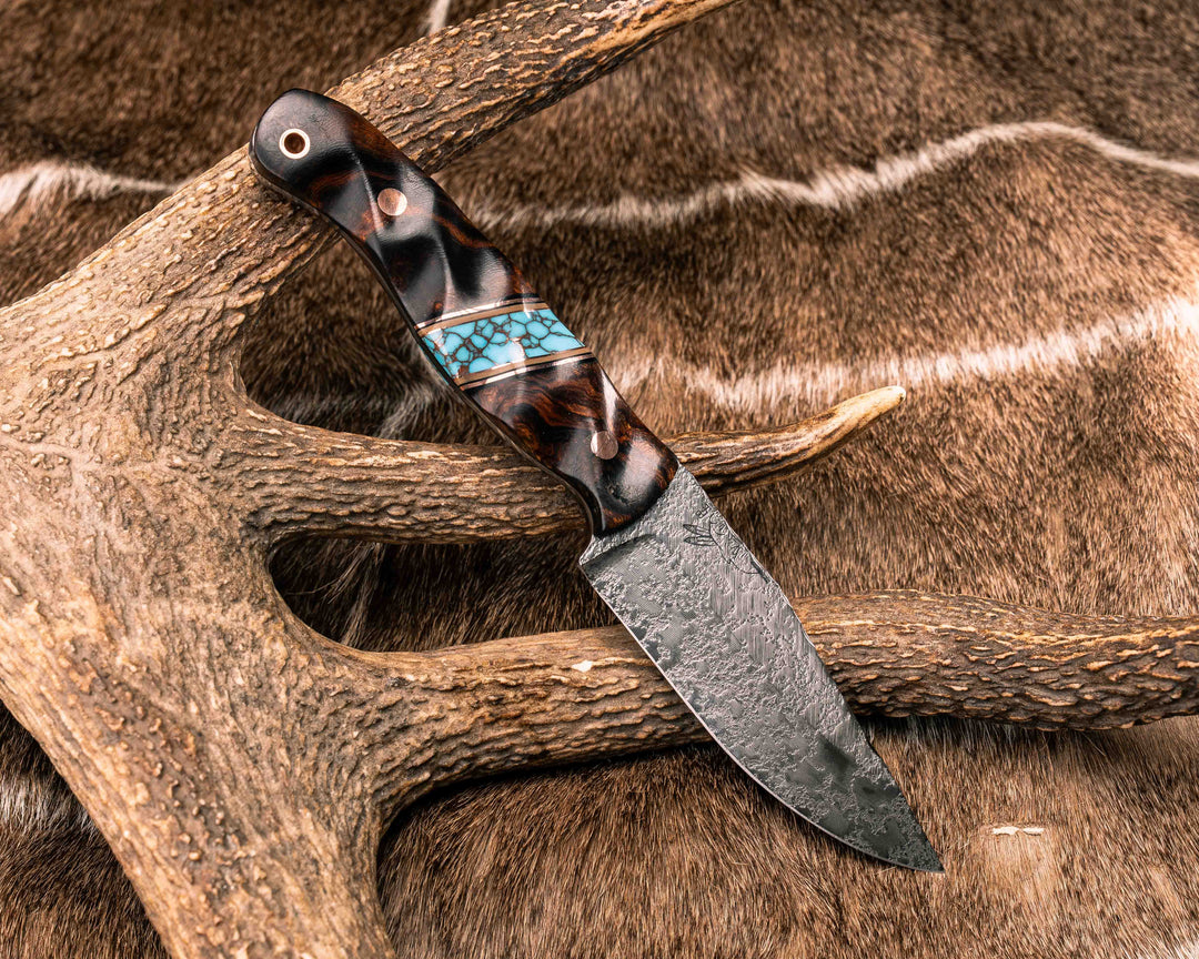Crow Jr- Desert Ironwood, Black G10, Copper and Coyote G10 Pin Striping, Turquoise with Copper Web Tru-stone Split, Copper Pins, Copper Lanyard Pin, Textured Grip