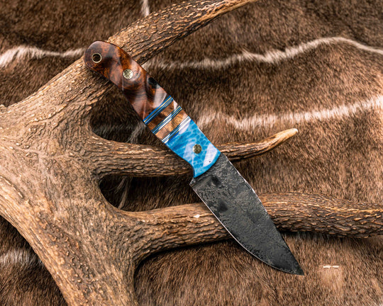 Crow Jr- Dyed Coral, Blue G10, Brass and White G10 Pin Striping, Hawaiian Curly Koa Split, Desert Ironwood, Mosaic Pins, Brass Lanyard Pin, Textured Grip
