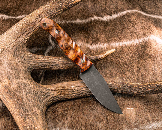Crow Scalper- Lion's Blood Amboyna Burl, Mosaic Pins, Brass Lanyard Pin, Textured Grip