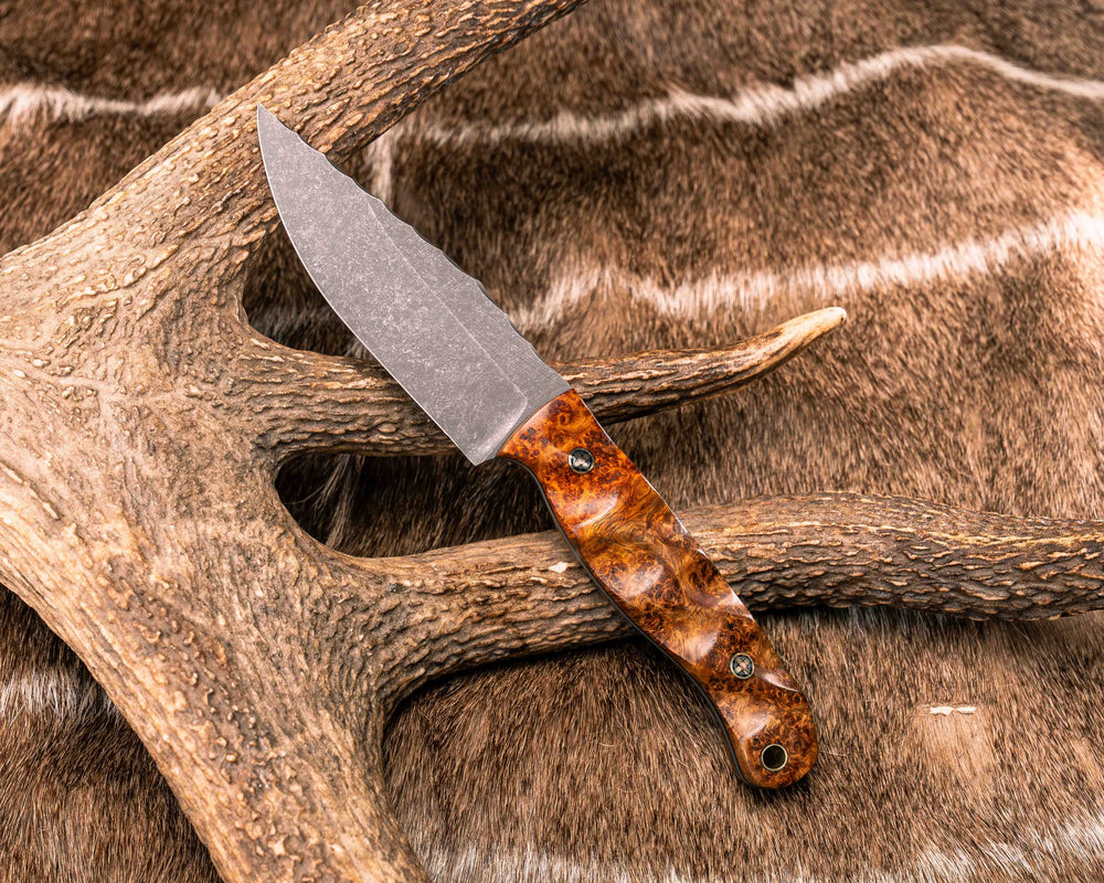 Crow Scalper- Lion's Blood Amboyna Burl, Mosaic Pins, Brass Lanyard Pin, Textured Grip