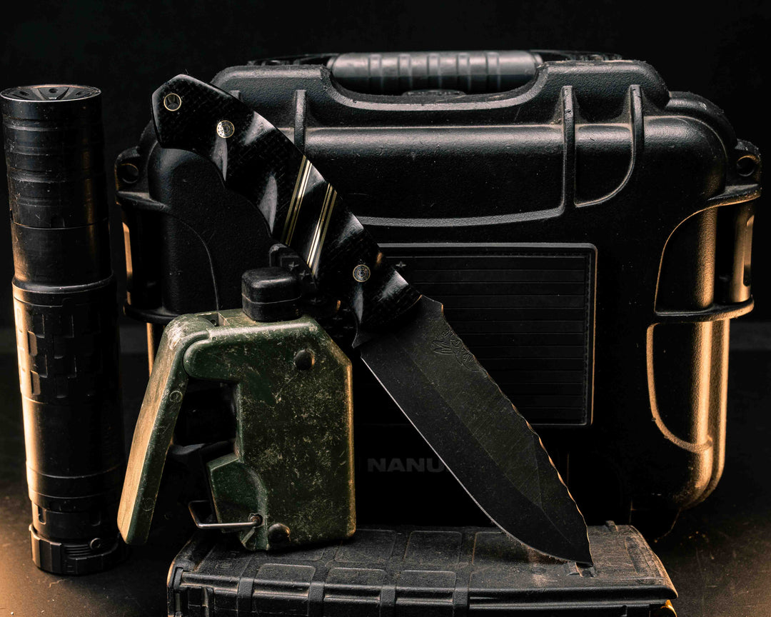 Disaster Breacher- Black Burlap Micarta, OD Green G10, Black G10, Brass and Black Canvas Micarta Split, Mosaic Pins, Brass Lanyard Pin, Textured Grip
